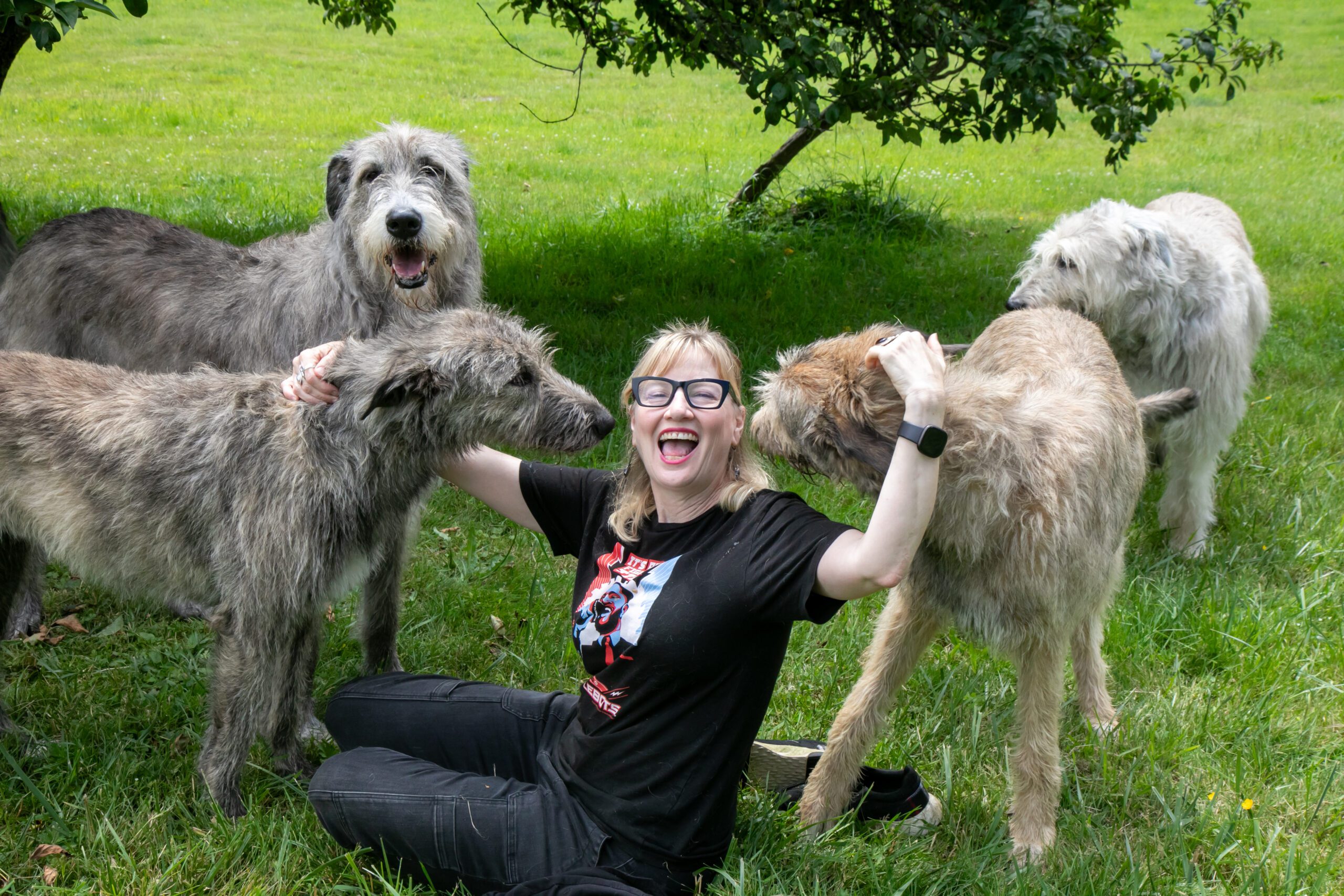 Woman Surrounded By Four Dogs